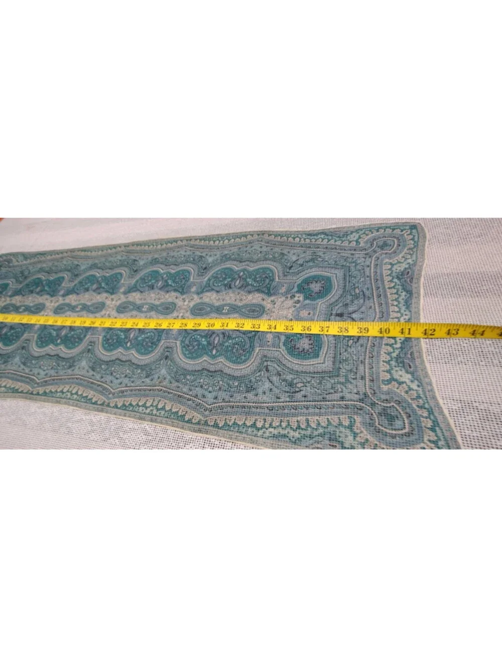 Vintage 50s 60s Silk Chiffon Scarf  Big Indian Paisley Teal Green Wide Oblong
